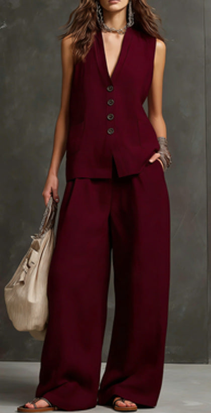 Women's Linen 2-Piece Outfit, Sleeveless Vest & Wide Leg Pants Set