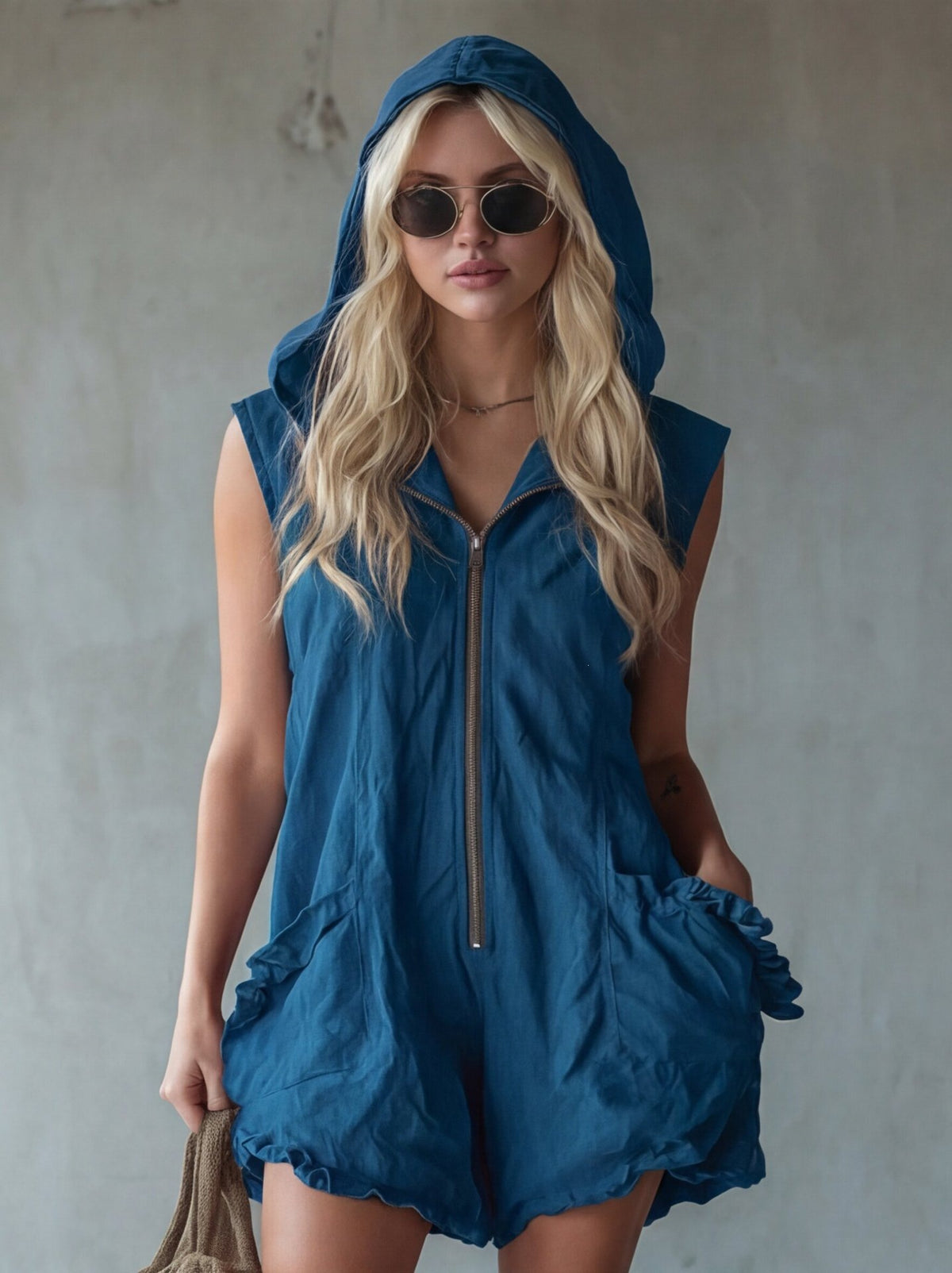 Retro-style Hooded Zip-up Sleeveless Cropped Cotton-linen Jumpsuit
