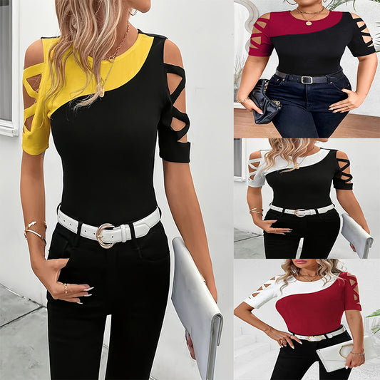 Slim-fit Contrast-color Hollow-out Top Multicolor Fashionable And Versatile