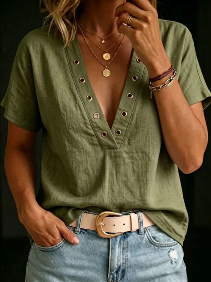 Loose-fitting Casual V-neck Short-sleeve Solid-color Womens Shirt