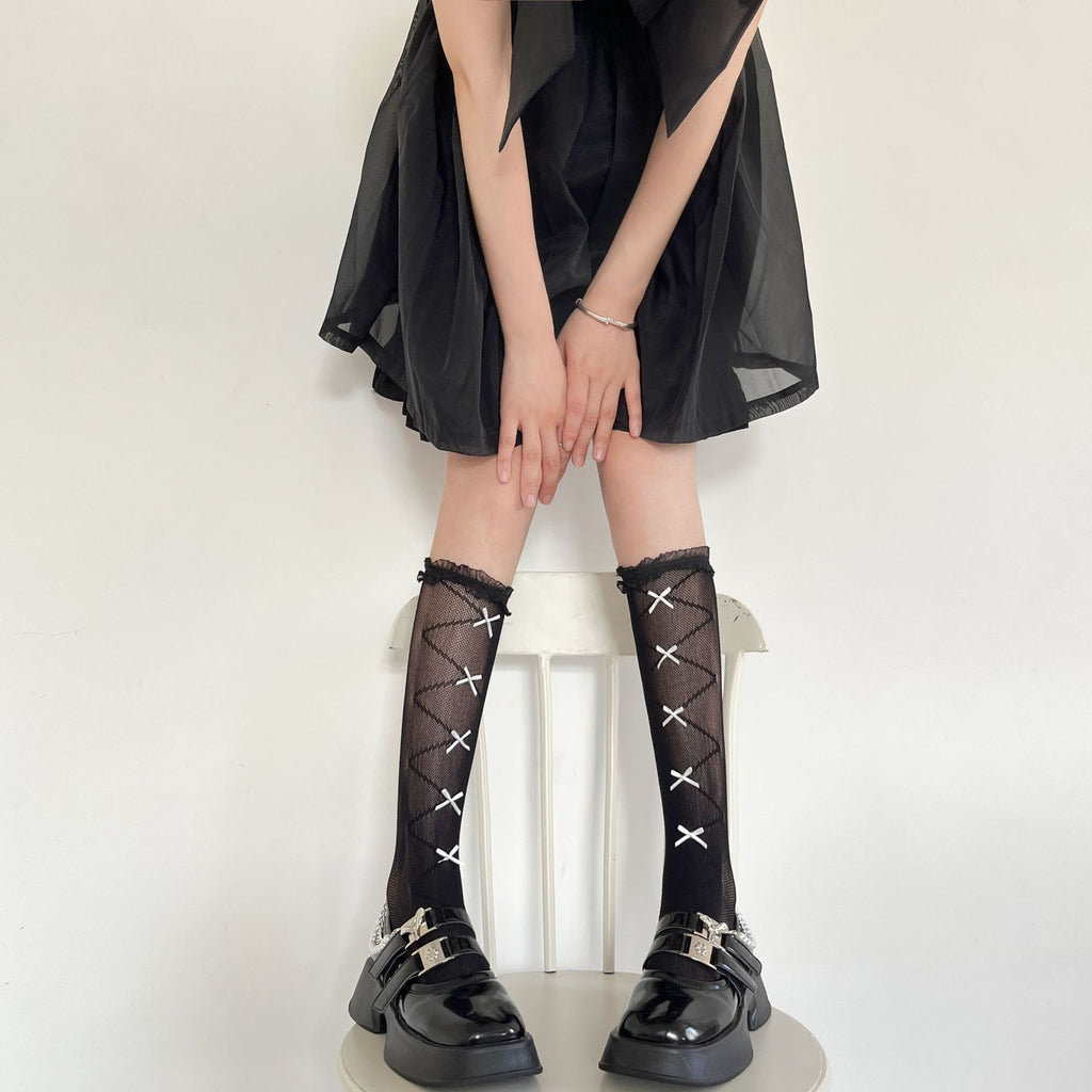 Multi Bow Tie Lace Mesh Socks Calf Socks Japanese  Pile Socks Mid Tube Socks