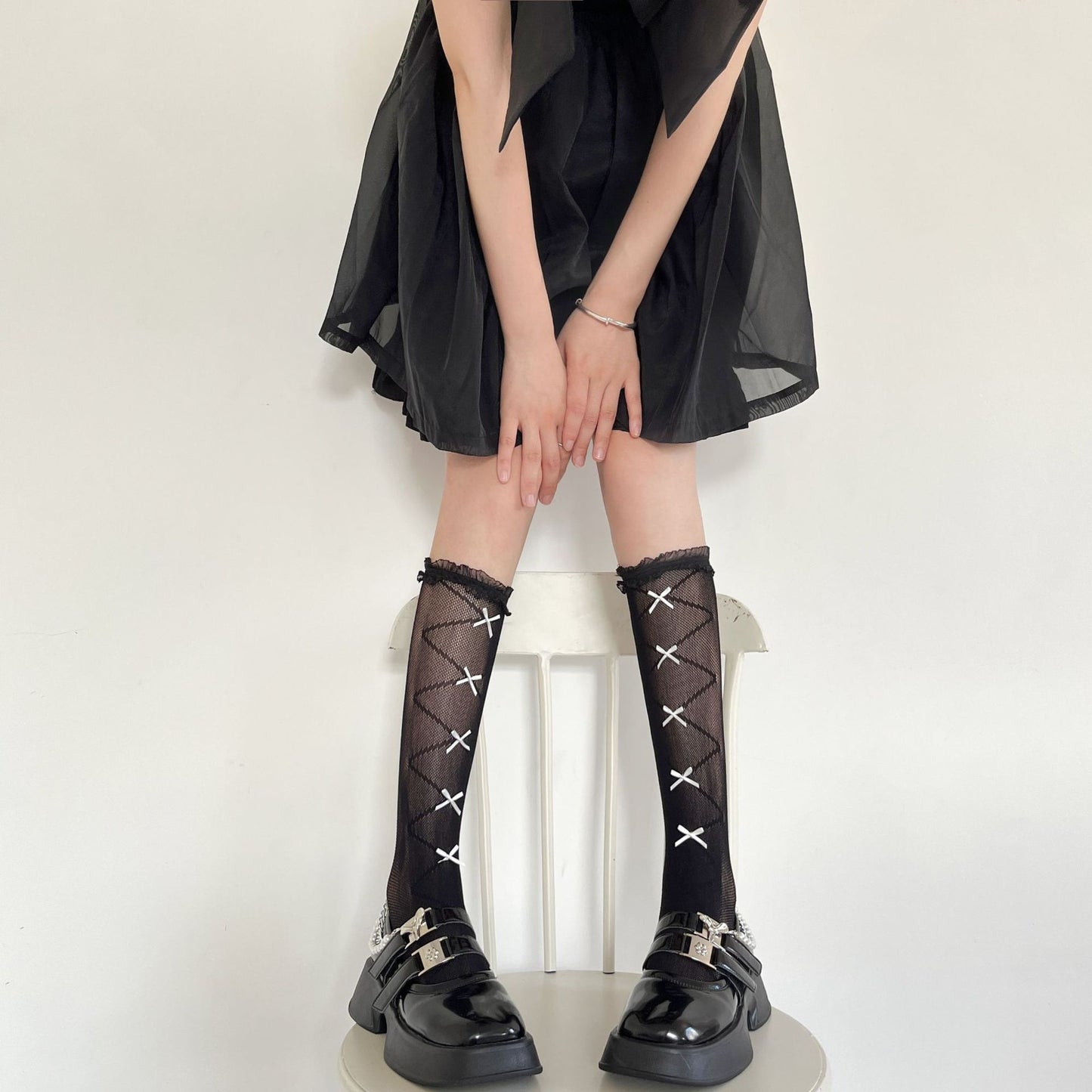 Multi Bow Tie Lace Mesh Socks Calf Socks Japanese  Pile Socks Mid Tube Socks
