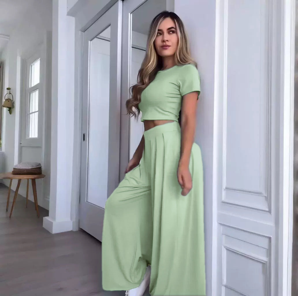 Crew-Neck Solid-Color Wide-Leg Pants Fashionable Casual Womens Set