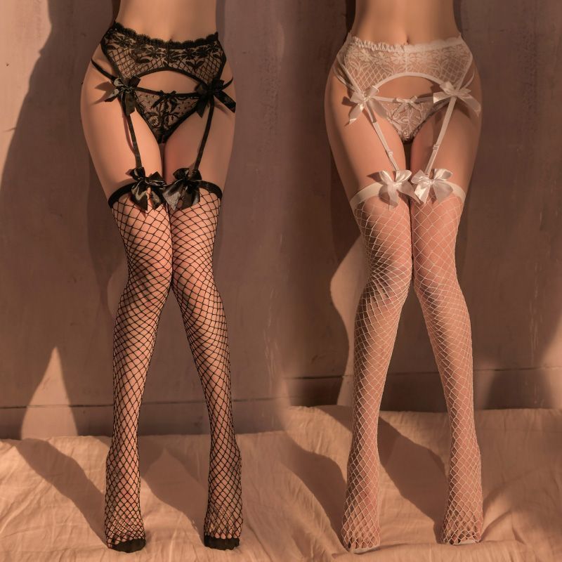 Coquette Lace Garter Belt Fishnet Stockings Set, Black & White Bow-Accented Suspender Stockings, Women's Lingerie Mesh Thigh-High Fishnet Socks