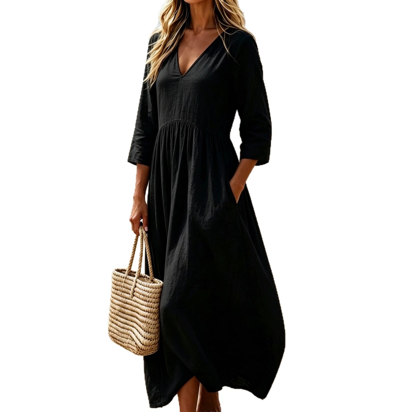 V-neck Three-quarter Sleeve Womens Resort Maxi Dress