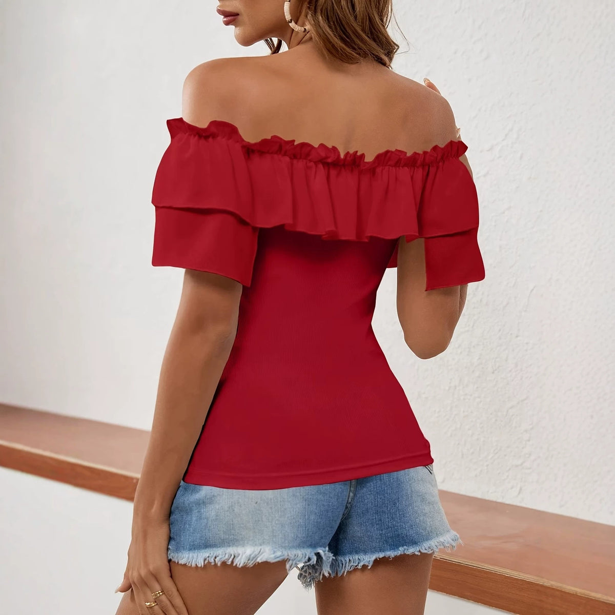 Stylish And Elegant Off-shoulder Top With Ruffled Trim And A Tie Belt