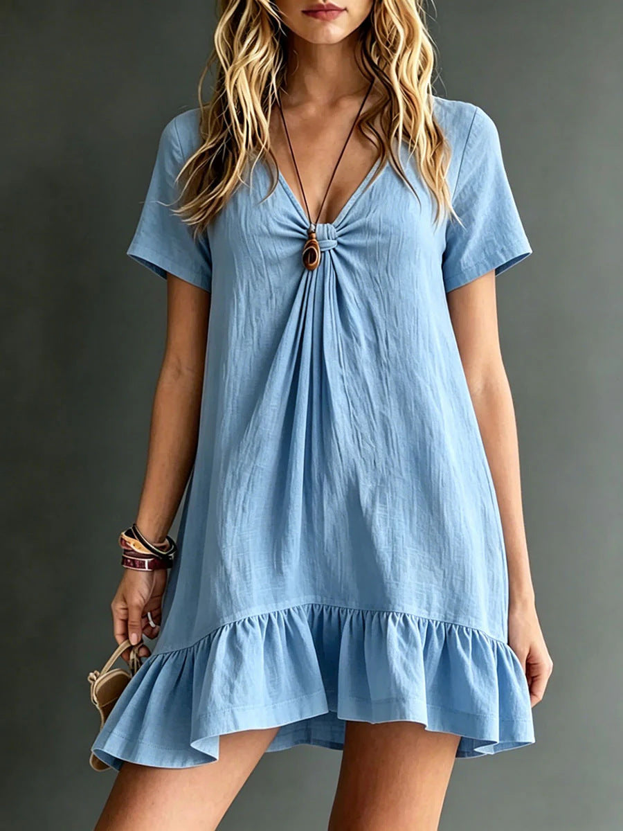 Womens Solid-Color V-Neck Short-Sleeve Casual Dress