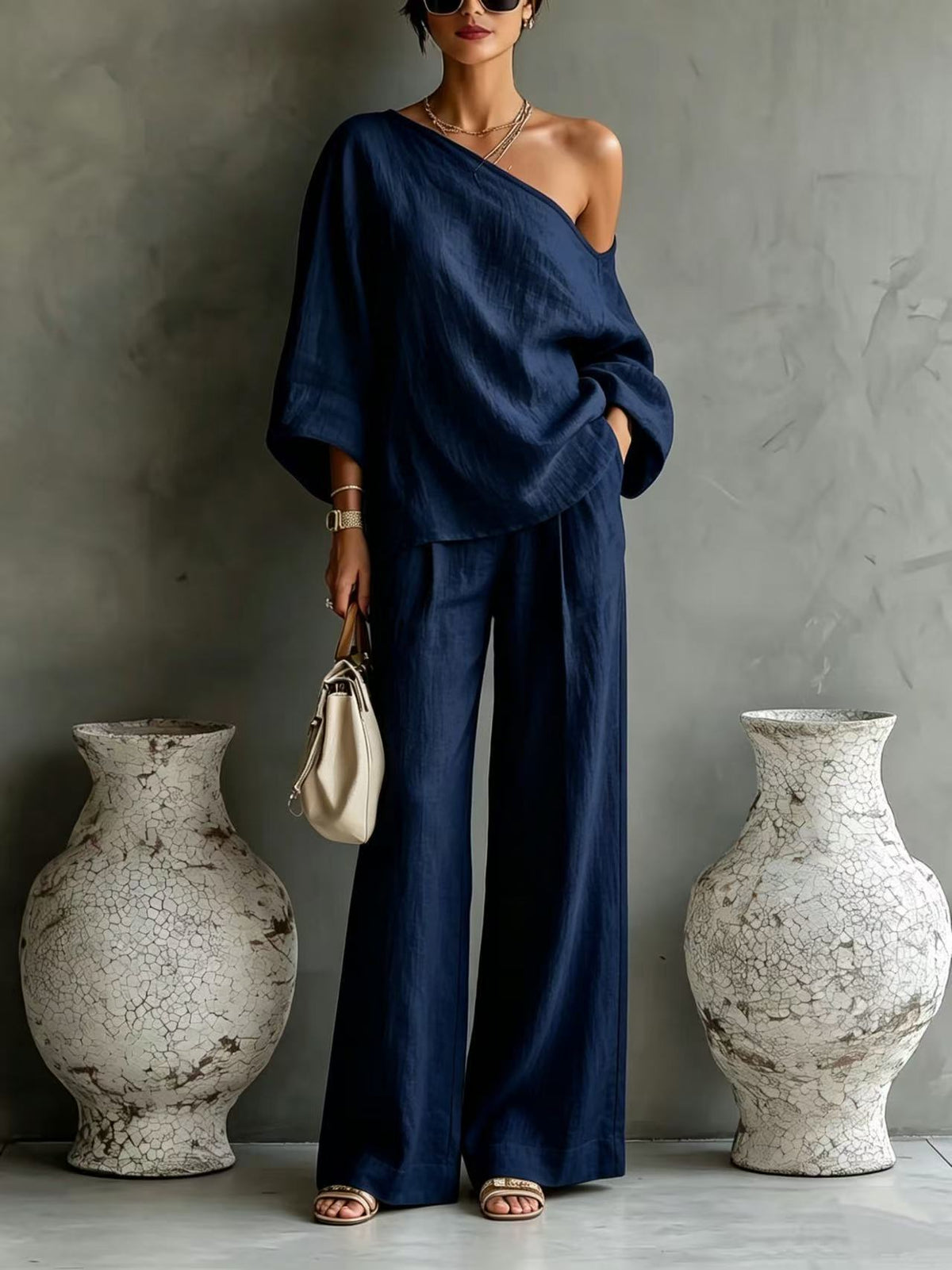 Elegant Off-shoulder Top And Loose Wide-leg Pants Set In A Relaxed, Laid-back Style