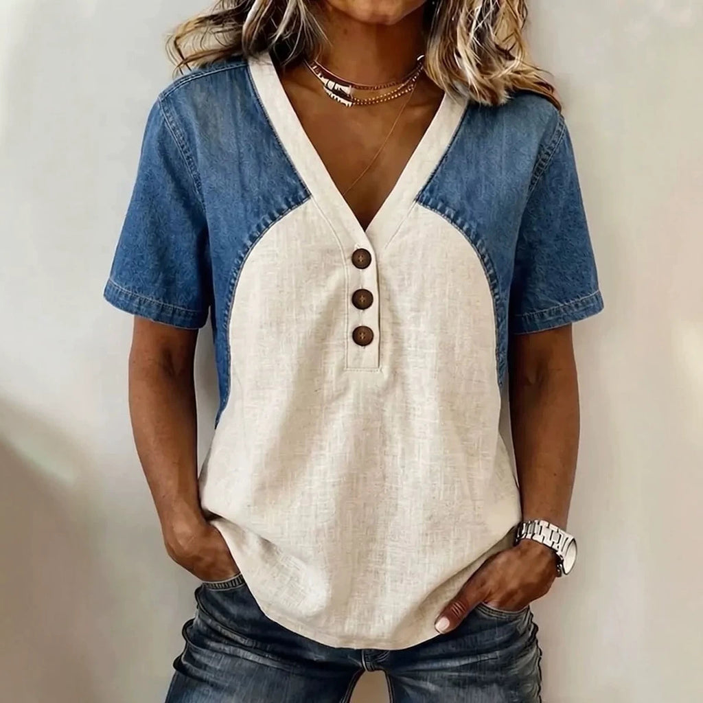 Fashionable Trendy Womens Loose Denim Patchwork T-Shirt
