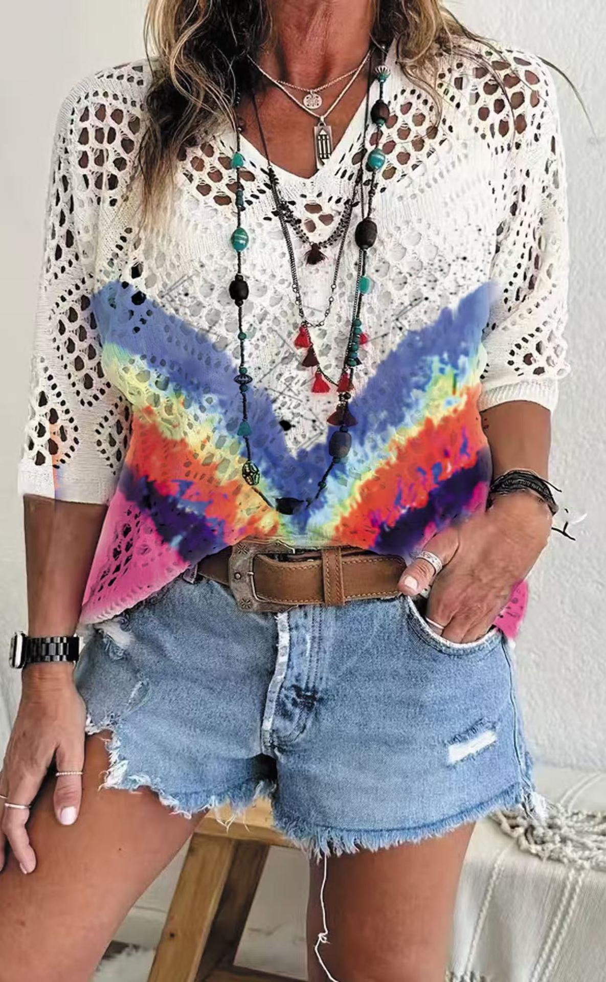 Womens Hollowed-Out Batwing-Sleeve Sweater With 3D Knitted Print