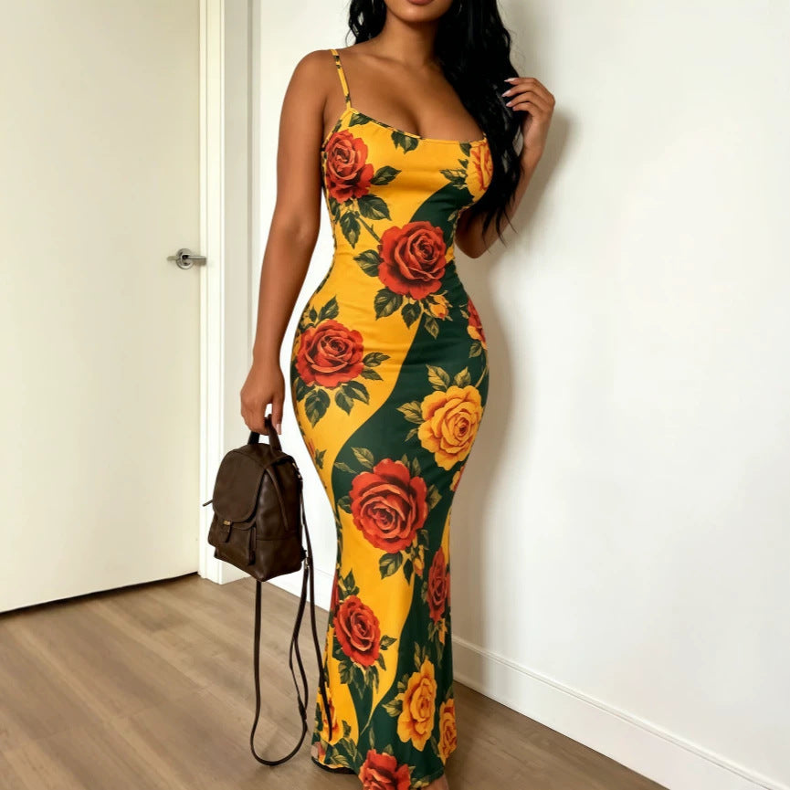 Digital-print Fitted Waistline Long Dress