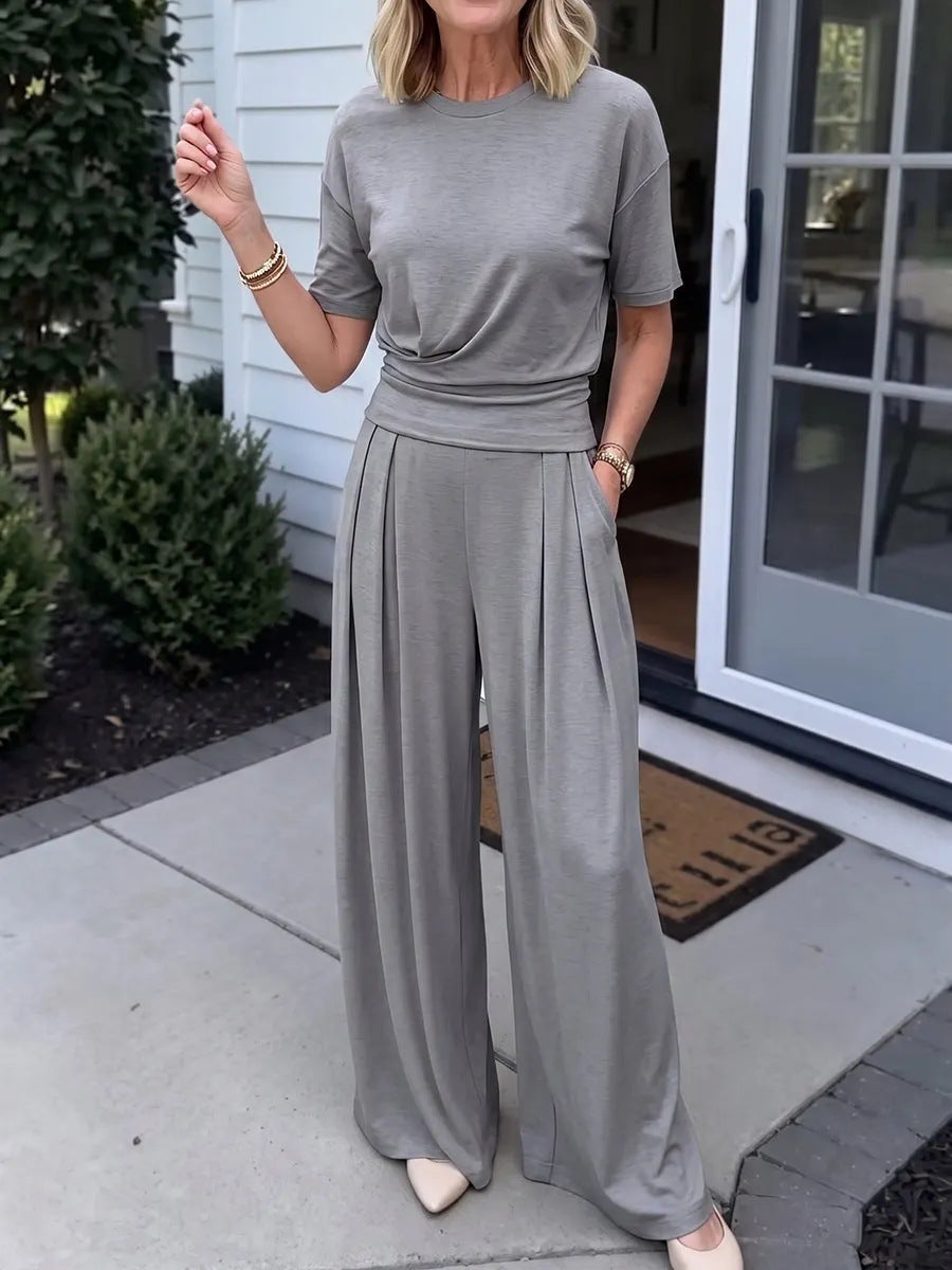 Womens Loose Crew-Neck T-Shirt And Wide-Leg Pants Two-Piece Set