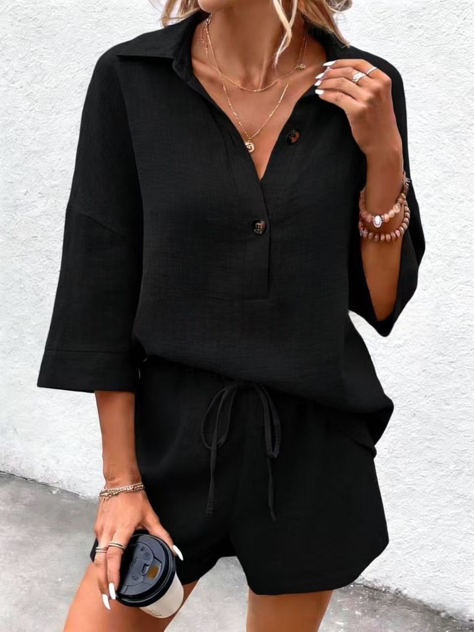 Notch-lapel Short-sleeve Belted Shorts Casual Set