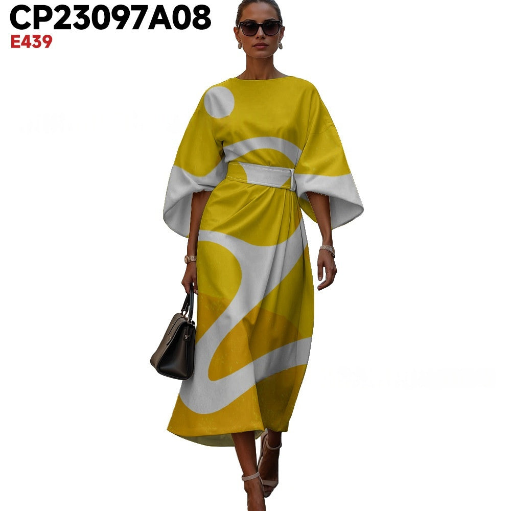 Womens Fashionable Casual Printed Crew-Neck Dress