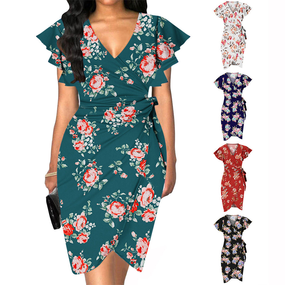 European And American-style V-neck Waist-cinching