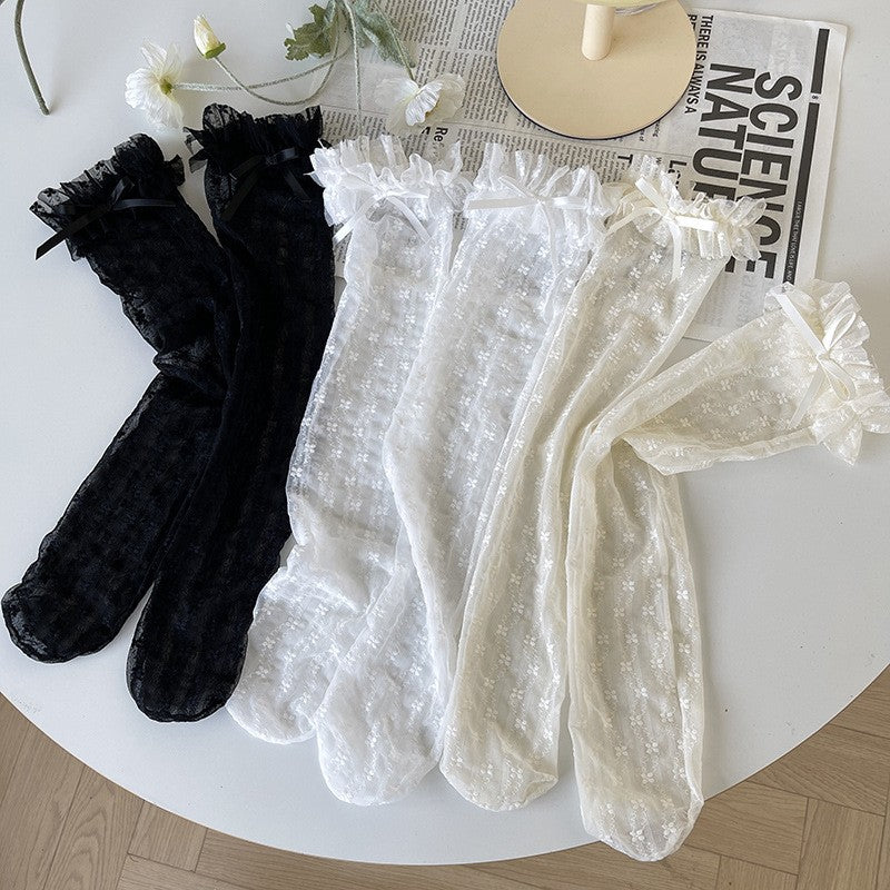 Lace Bow Light Mesh Girl Midsole Calf Pile Socks Women Solid Color