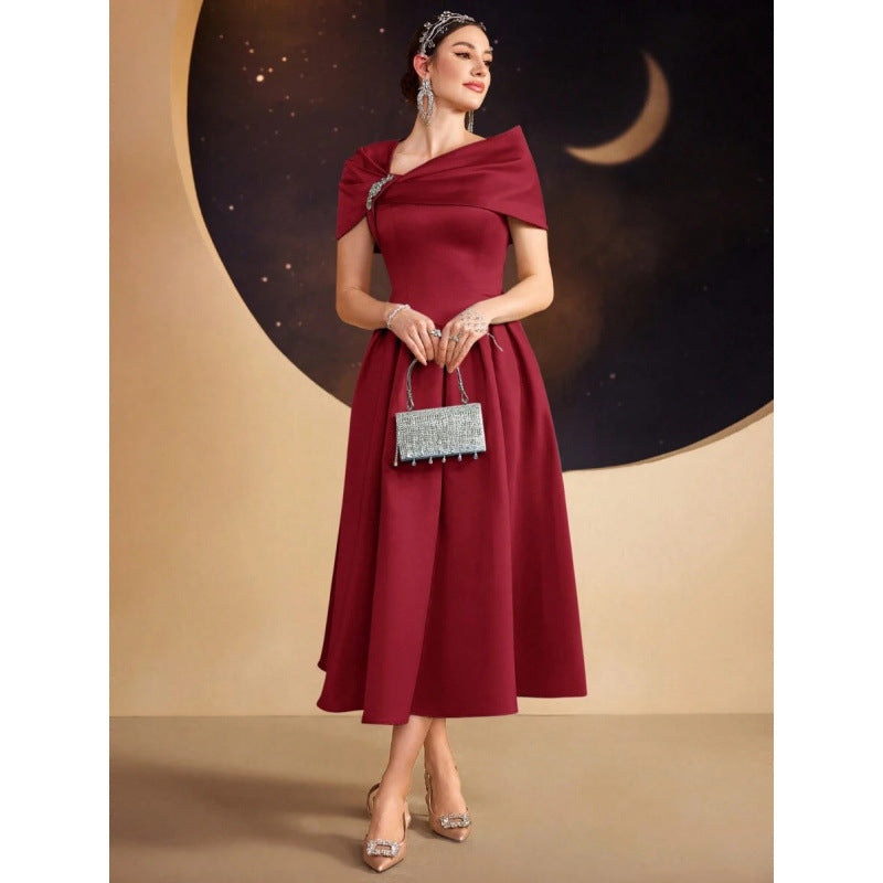 Womens Slim-fit Elegant Off-shoulder Waist-cinching Dress
