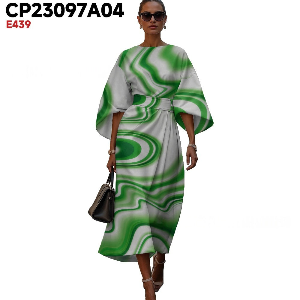 Womens Fashionable Casual Printed Crew-Neck Dress