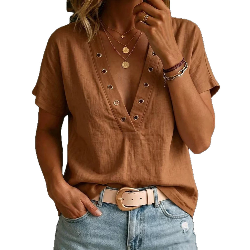 Loose-fitting Casual V-neck Short-sleeve Solid-color Womens Shirt