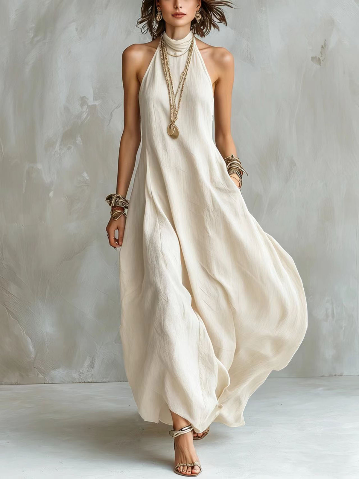 Off-shoulder Loose-fitting Maxi Womens Halterneck Dress