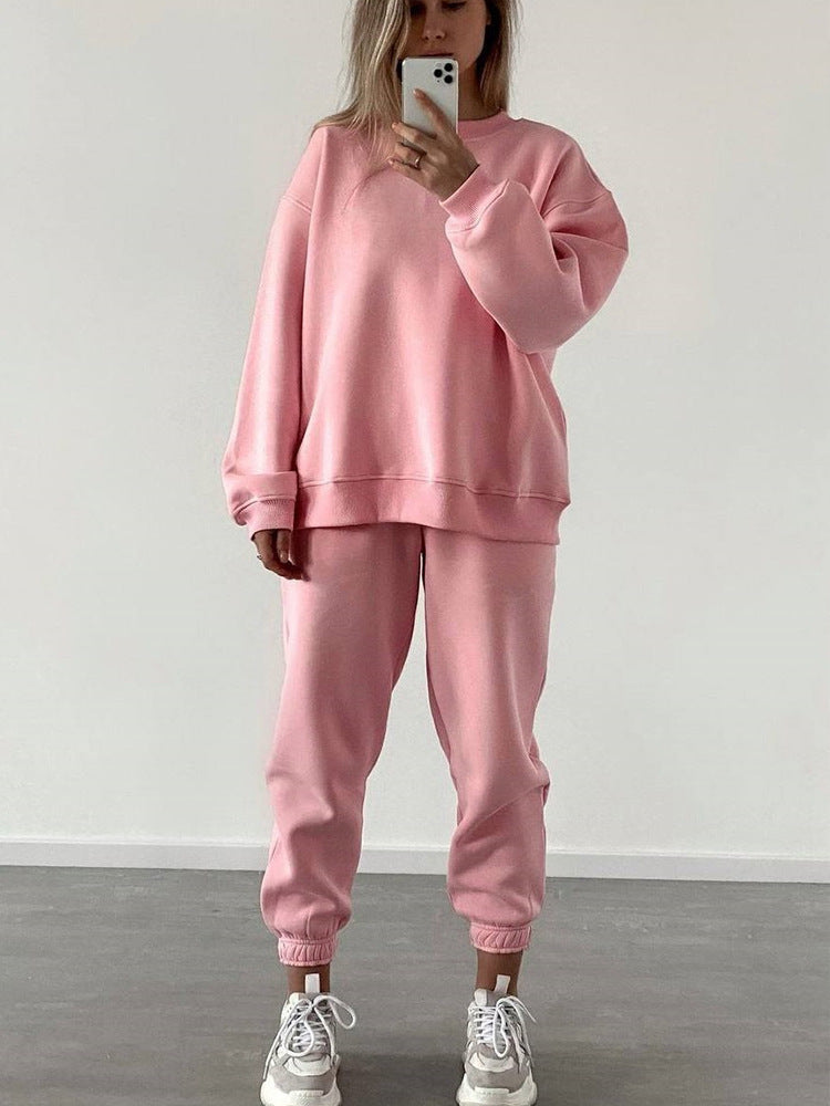 Fashionable Loose-fit Crewneck Sweatshirt With Long Sleeves And Casual Athletic Pants