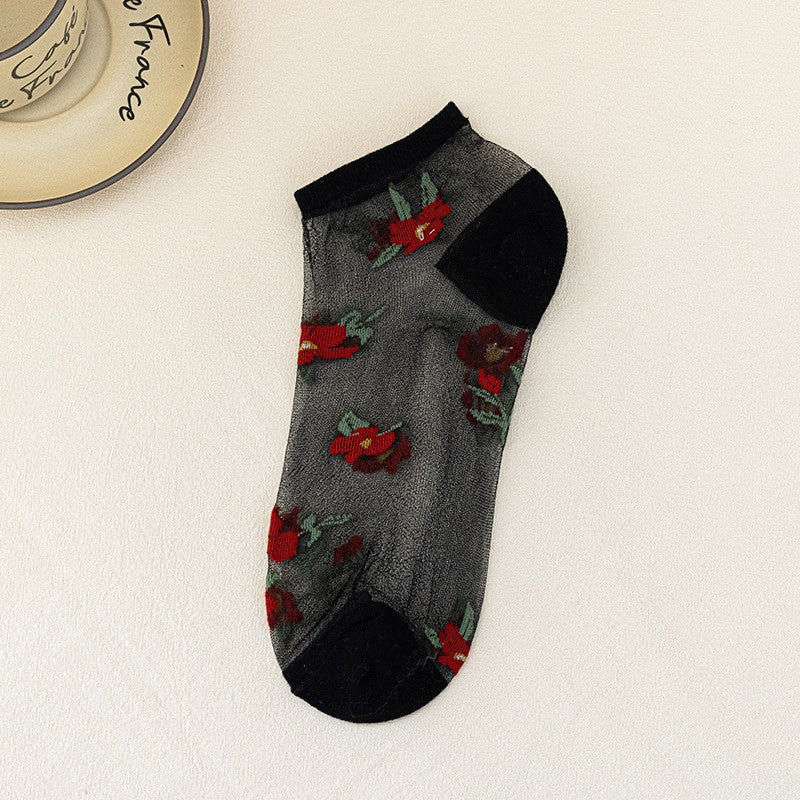 5pairs Spring And Summer New Arrivals Women's Flower Boat Socks Breathable Glass Fiber Boat Socks