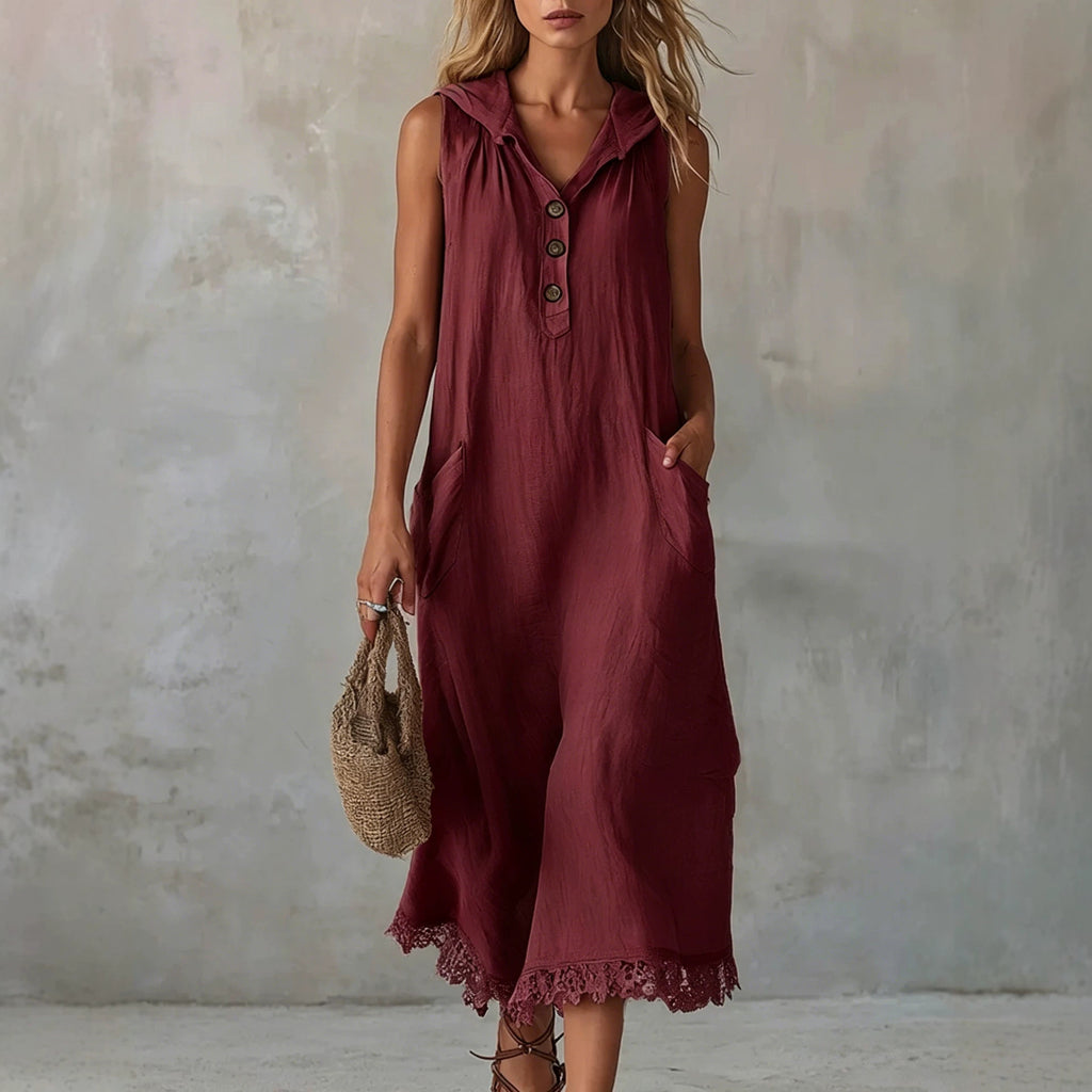 Casual Patchwork Lace-trimmed Linen And Cotton Hooded Dress