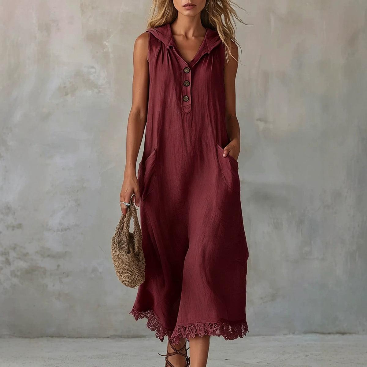 Casual Patchwork Lace-trimmed Linen And Cotton Hooded Dress