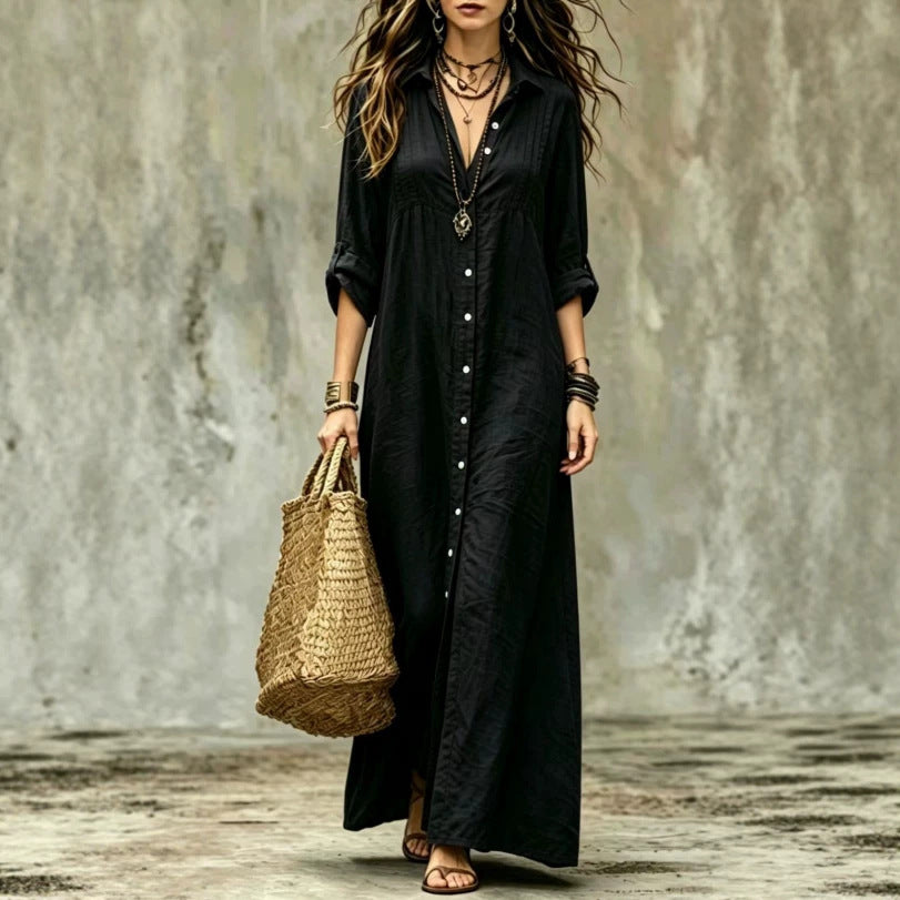 Shirt-collar Floor-length Casual Simple Long Dress
