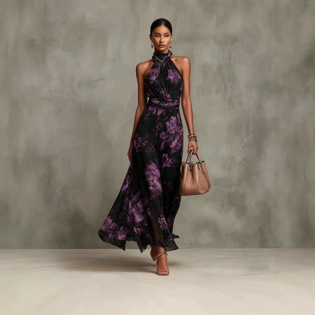 Neck-hanging Printed Chiffon Maxi Dress