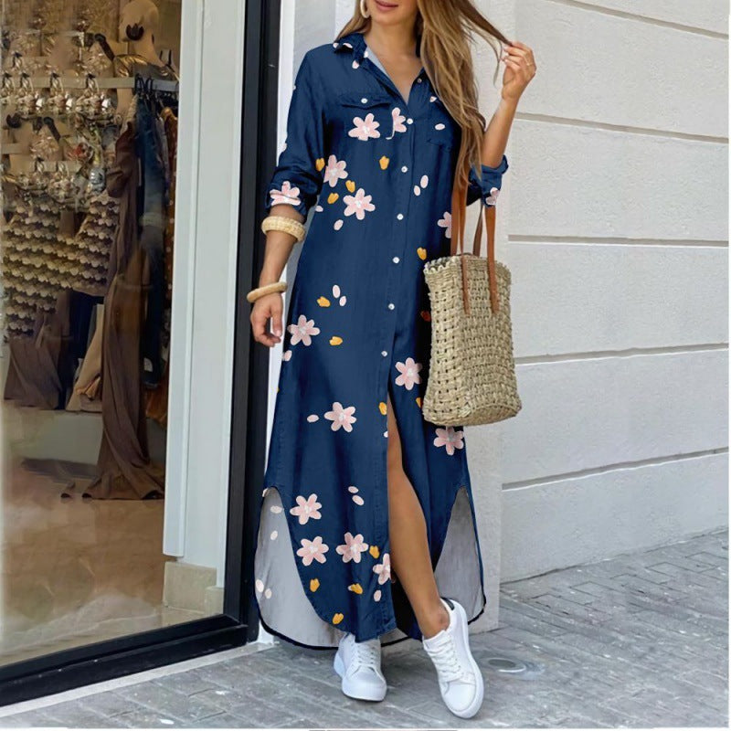 Lapel-collar Long Shirt Dress For Women