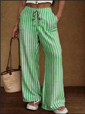 Striped Loose Commuter Casual Lace-up Elastic-waist Wide-leg Trousers
