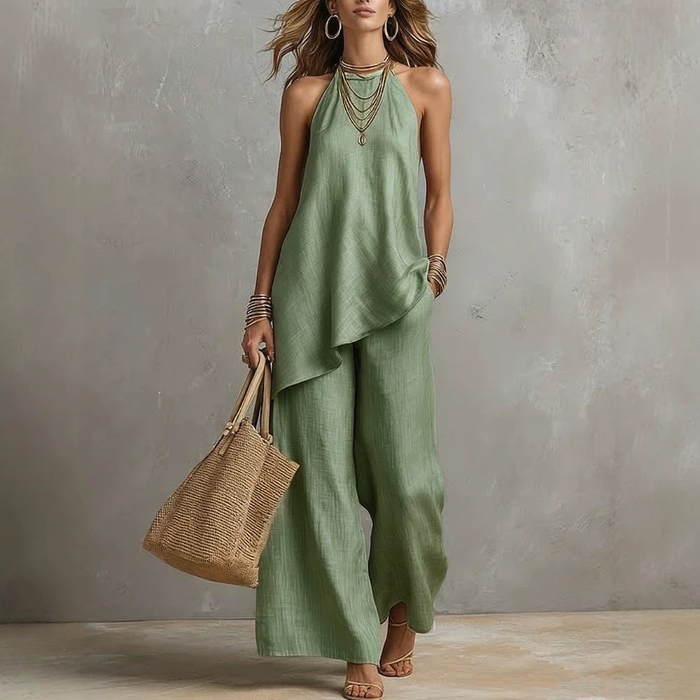 Womens Casual Crew-Neck Vest And Long Pants Set