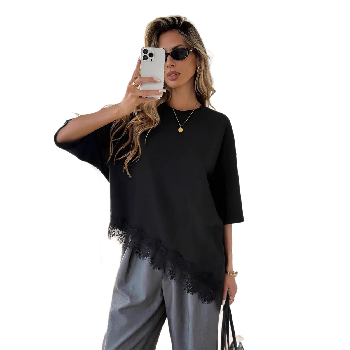 Elegant Womens Short-sleeve Dress With A Slanted Hem And Lace Paneling