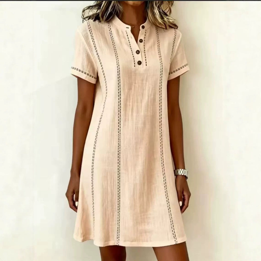 Loose-fitting Casual Printed Button-up Stand-collar Dress