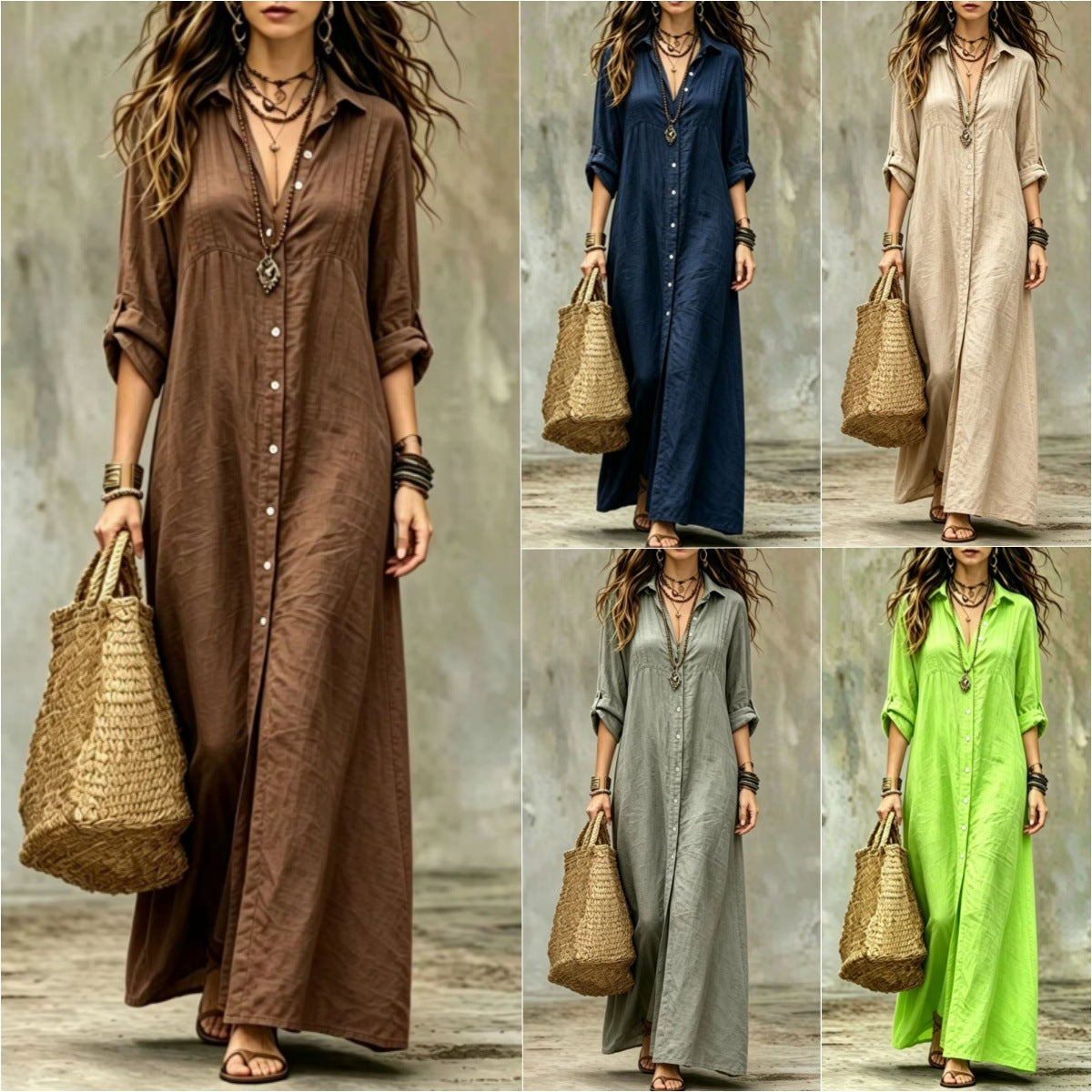 Shirt-collar Floor-length Casual Simple Long Dress