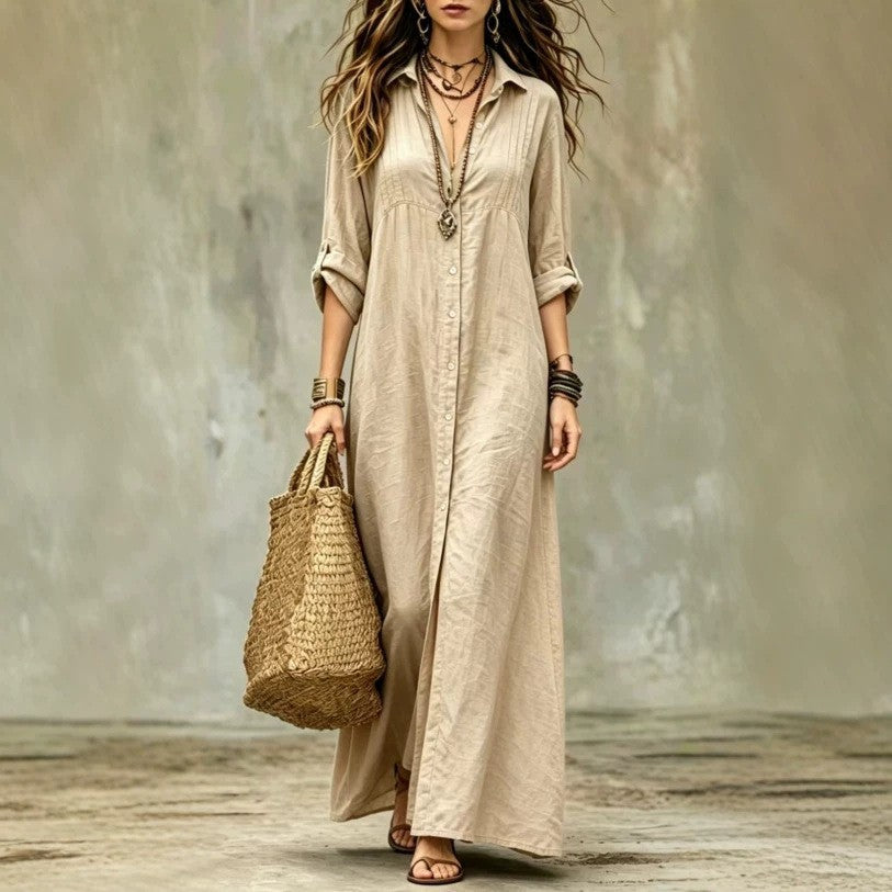 Shirt-collar Floor-length Casual Simple Long Dress