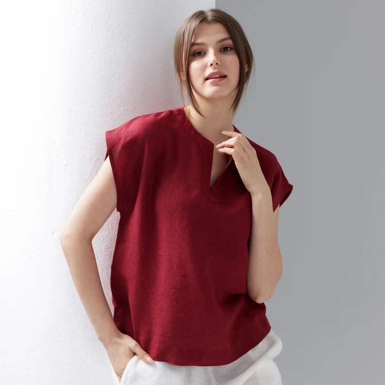 Casual V-neck Linen Short-sleeve Top