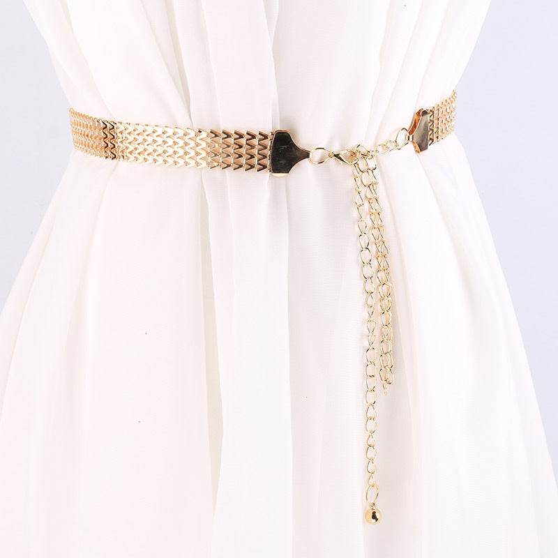 Womens Waist Chain and Belt in elegant gold color, designed to enhance outfits with a stylish finishing touch.