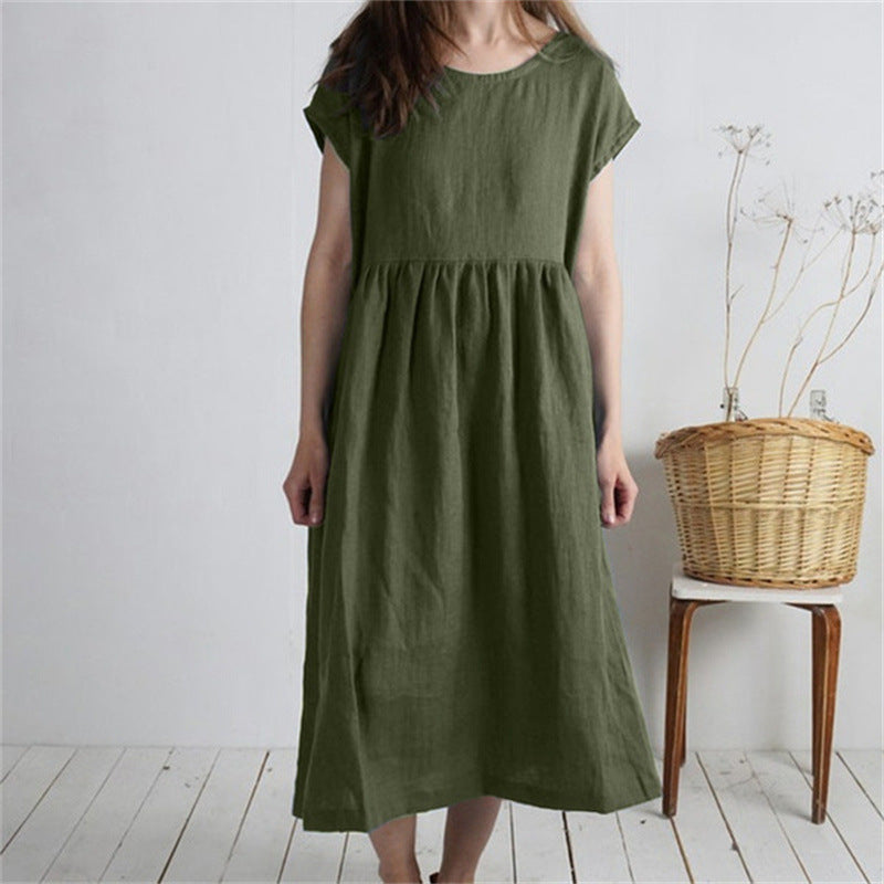 Solid-color Pleated Loose-fit Casual Cotton-linen Dress For Women