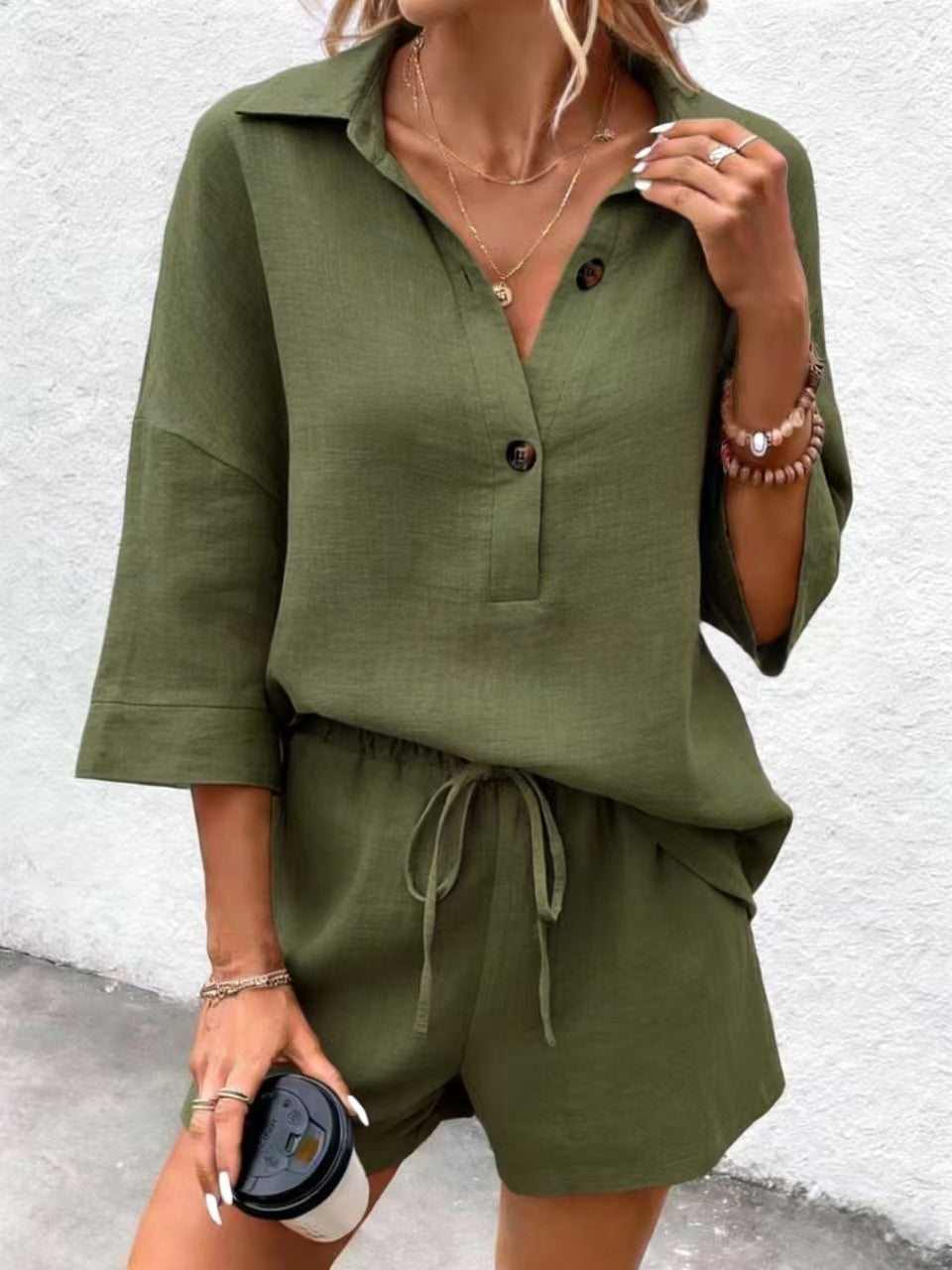 Notch-lapel Short-sleeve Belted Shorts Casual Set