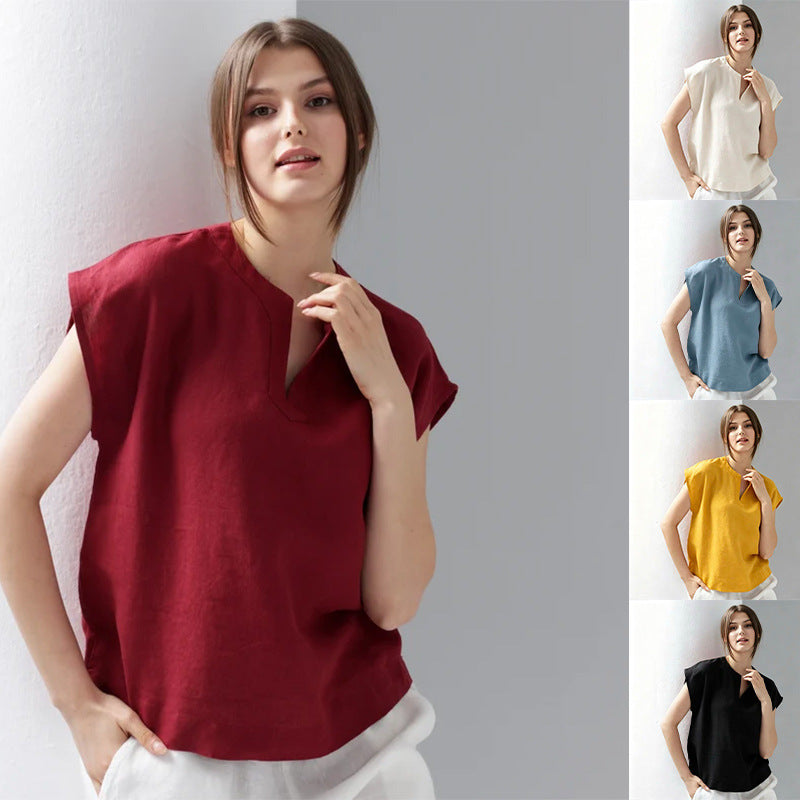 Casual V-neck Linen Short-sleeve Top
