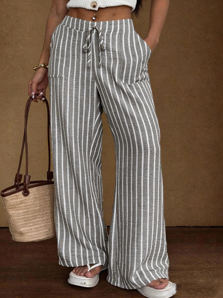 Striped Loose Commuter Casual Lace-up Elastic-waist Wide-leg Trousers