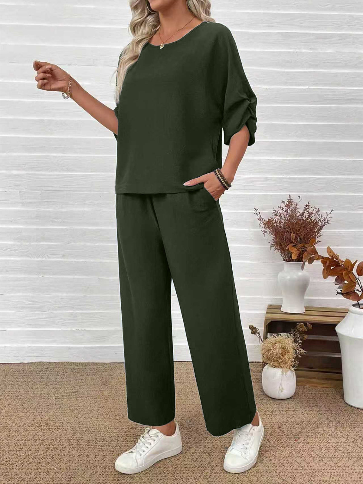 Crew-neck Top Wide-leg Pants Loose Fit