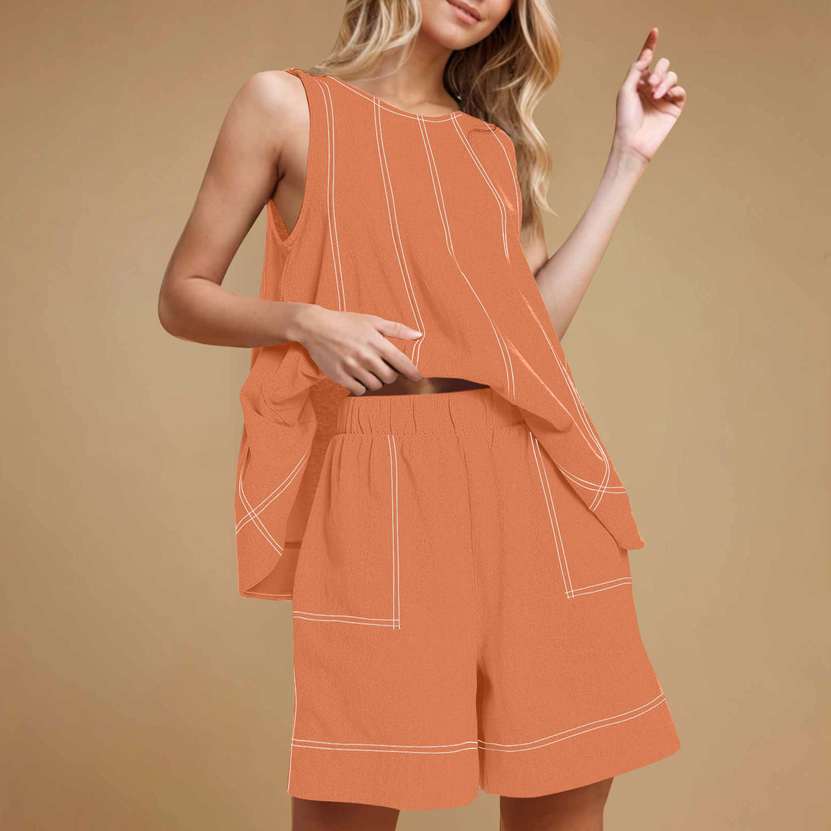 Casual Loose Pocketed Sleeveless Tank Top And Shorts Cotton-Linen Two-Piece Set