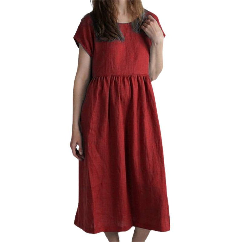 Solid-color Pleated Loose-fit Casual Cotton-linen Dress For Women