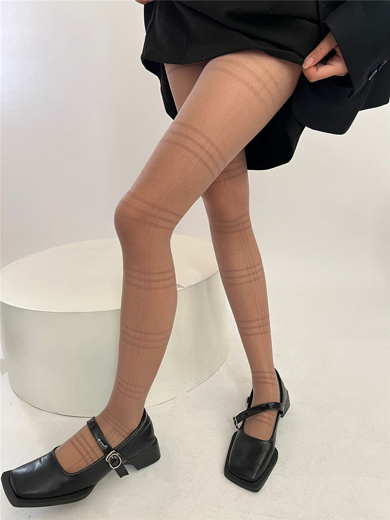 Black Square Grid Jacquard Silk Socks Women's Spring Autumn Thin Pantyhose Base Socks