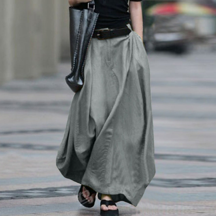 Womens Solid-color High-waisted Long Skirt