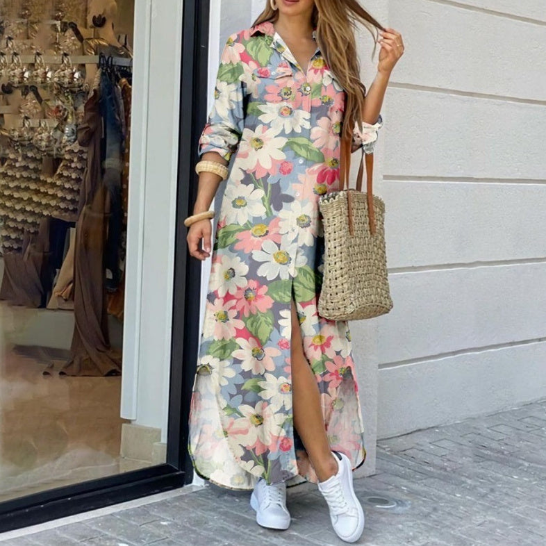 Lapel-collar Long Shirt Dress For Women