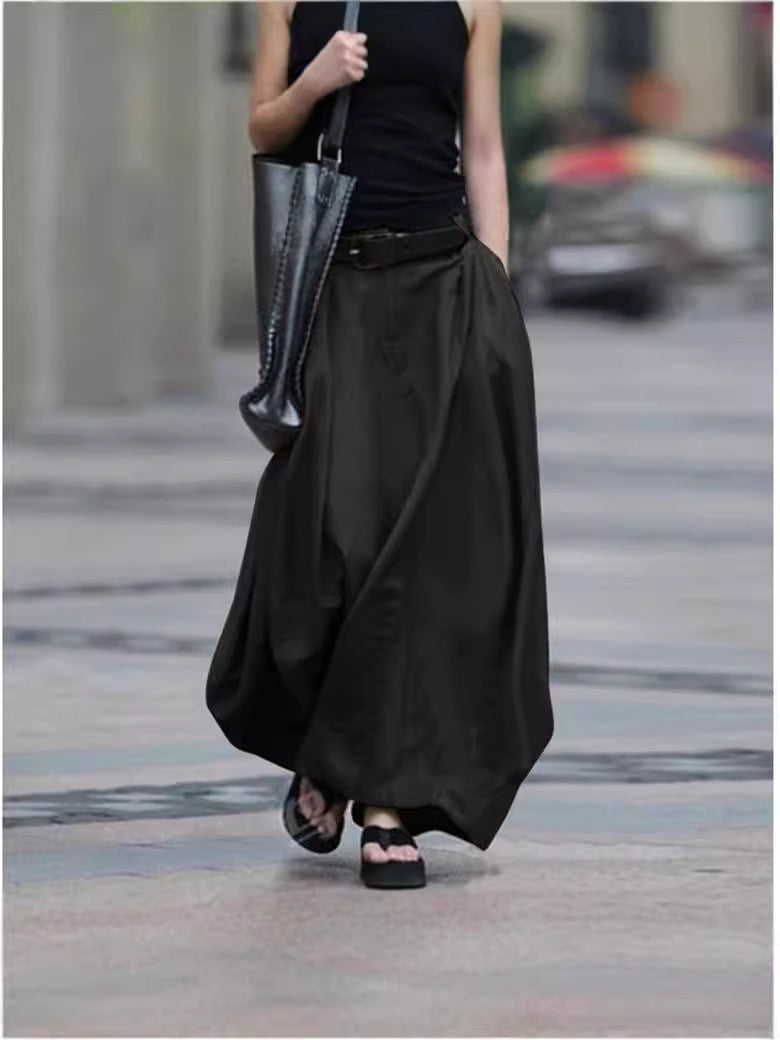 Womens Solid-color High-waisted Long Skirt